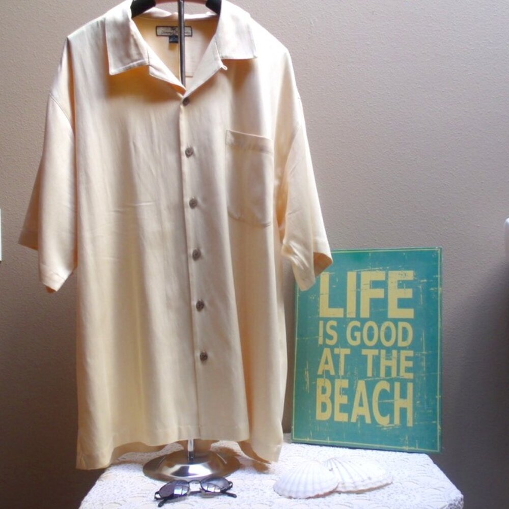 TOMMY BAHAMA Pale Yellow Silk Blend Aloha Hawaiian Short Sleeve Shirt Sz XL